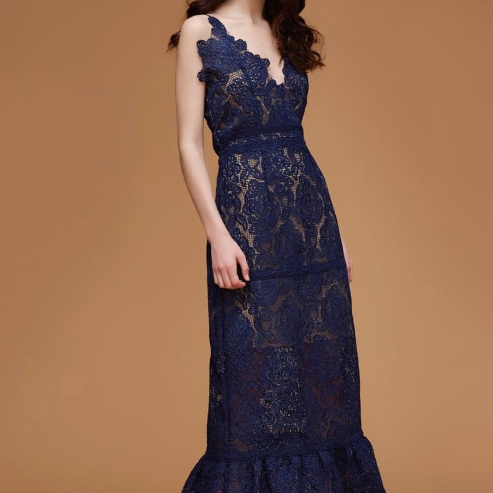 Foxiedox Majorie Midi Navy Lace Dress (Size Small)